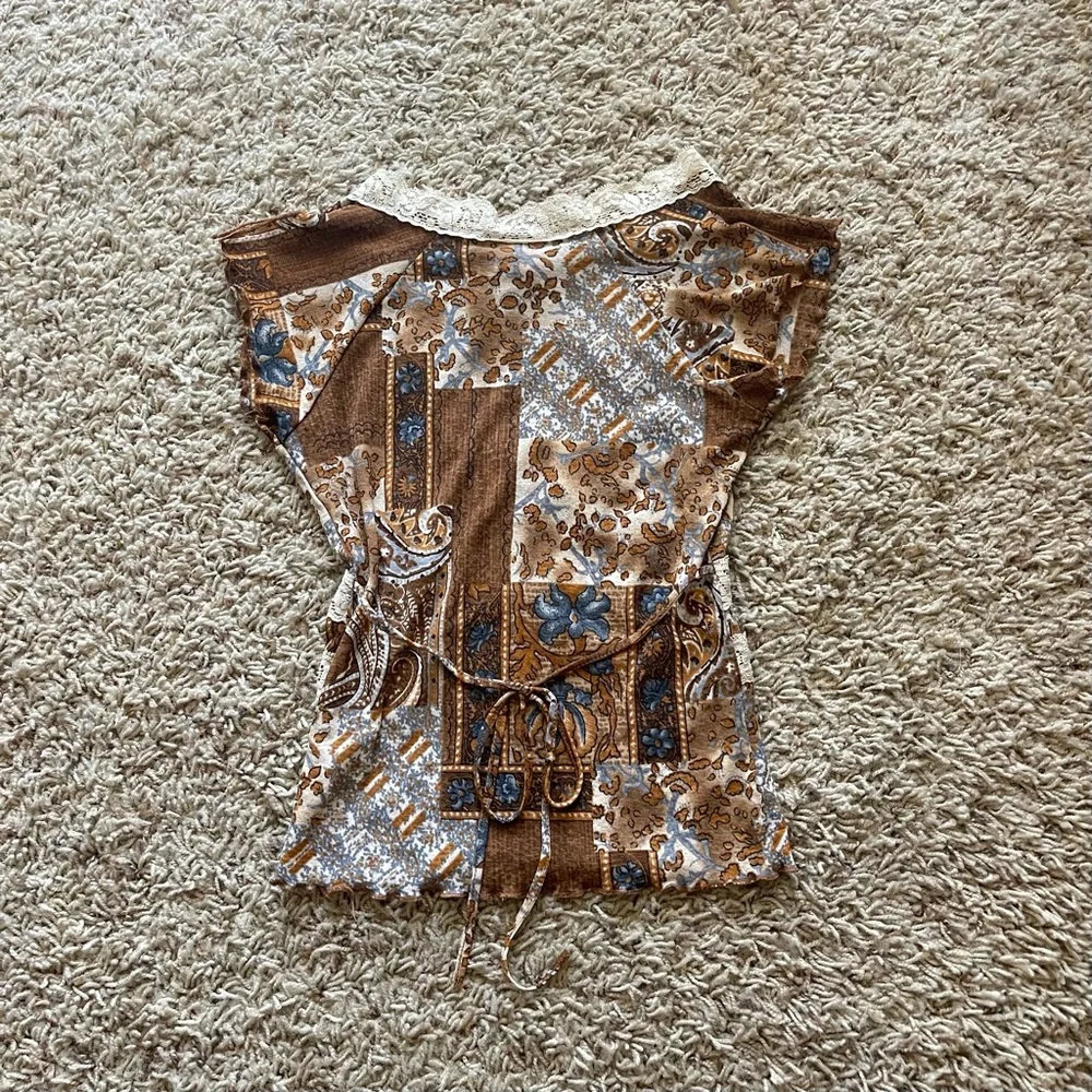 Vintage Mudd Brown Cream and Blue Patchwork Lace-Trim Camisole - Picture 5 of 7